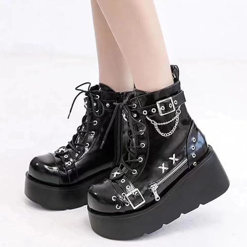 Cute Emo Shoes Goth Black with Metal Charms Chunky Platform Comfy Non Slip Lightweight Softy Casual Plus Size Boots Punk Kawaii Pretty Retro Trendy Gifts for Women & Girls Spring Streetwear Rave thumbnail 2