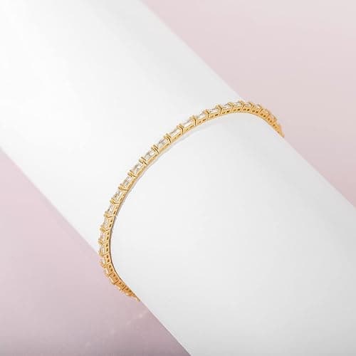 PAVOI 14K Gold Plated CZ Tennis Bracelet For Women | Classic Emerald Cut Simulated Diamond Bracelet thumbnail 3