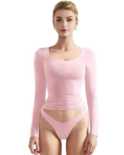SUUKSESS Women Double Lined Fitted Basic T Shirts Scoop Neck Long Sleeve Crop Top - Image 1