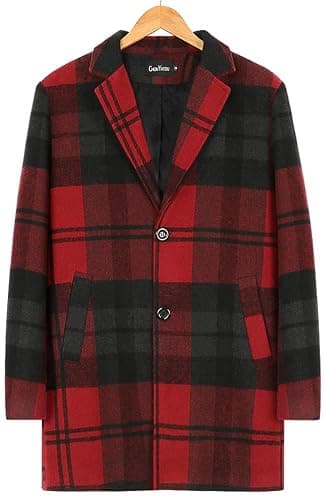chouyatou Men's Casual Notched Collar Plaid Single Breasted Wool Blend Formal Trench Top Coat thumbnail 2