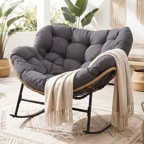 NICESOUL Outdoor Papasan Rocking Chair with Cushion, All-Weather Patio Egg Rocker, Oversized Rattan Glider for Reading & Relaxing, Large Comfy Recliner Lounge Chairs for Balcony Garden Backyard, Grey thumbnail 3