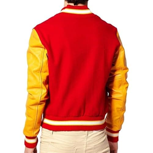 The Jasperz Thriler Red & Yellow M Logo Varsity Letterman Bomber Jacket - Wool and Faux Leather Bomber Jacket thumbnail 5