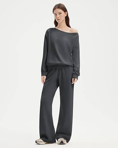 SUUKSESS Women 2 Piece Lounge Matching Set Off Shoulder Sweatshirt Wide Leg Sweatpant thumbnail 2