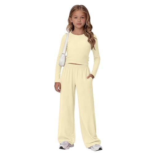 Girls 2 Piece Set Spring Outfits Lounge Sets Ruched Long Sleeve Top Wide Leg Pants Sweatsuit Clothing Athletic Outfit thumbnail 5