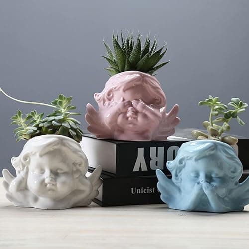 Vaguelly Cute Succulent Planter Angel Statue Head Face Planter Pot Ceramic Flower Pot Cactus Container with Drainage Hole Pens Holder for Indoor Outdoor Garden Random Style White thumbnail 6
