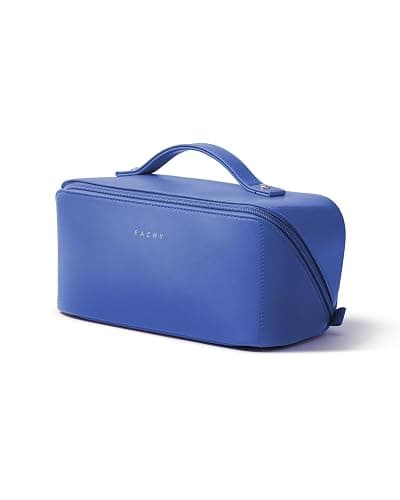 EACHY Travel Makeup Bag for Women, Flat Open Cosmetic Bag, Blue, Medium | Flat-open cosmetic organizer with pockets and clear TPU brush compartment for makeup, toiletries and travel essentials - Image 1