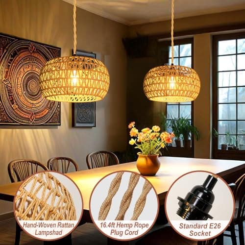 Eqquorva Hanging Lights with Plug in Cord Rattan Hanging Lamp Boho Ceiling Light Fixtures Farmhouse Pendant Lamp Shape for Living Room Bedroom Kitchen thumbnail 3