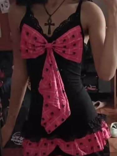 NIUVOO Women Y2k Lace Trim Spaghetti Strap Mini Dress 2000s Vintage Harajuku Pleated Scene Dress Party Club Emo Grunge Aesthetic Gyaru Clothes thumbnail 2