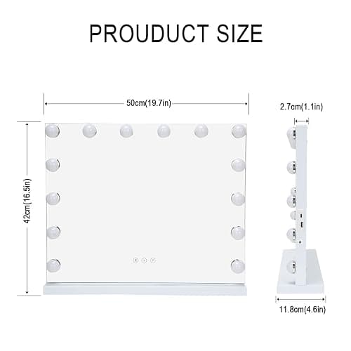 onesaimei Hollywood Vanity Mirror with 14 LED Dimmable Bulbs, Makeup Cosmetic Mirror with Lights, Lighted Vanity Dressing Table Mirror with USB Charging, Touch Screen Tabletop Mirror, 50CM x 42CM thumbnail 2