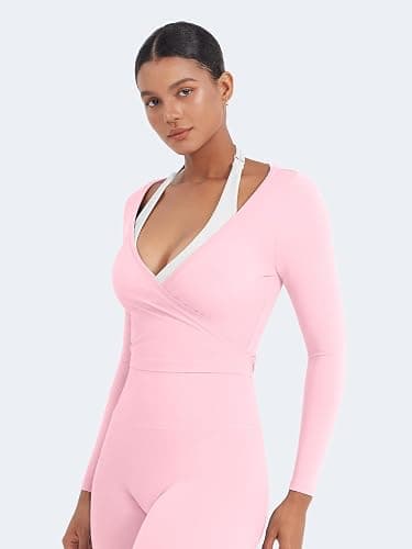 YEOREO Women Pilates Wrap Top Long Sleeve Tie Ballet Workout Yoga Shirt Michelie Y2K V Neck Cropped Tops thumbnail 3