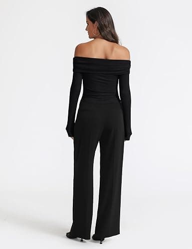 Women's Sexy Off Shoulder Tops Dressy Casual Slim Fit Long Sleeves Spring Fall Blouse Going Out Nightout Shirt(Black,XL) - Large - Black thumbnail 5