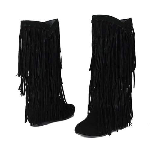 gongxifacai Womens Fringe Western Boots Fashion Hidden Heel Knee-high Boots thumbnail 2