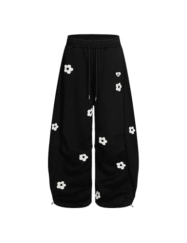 Aelfric Eden Baggy Wide Leg Sweatpants Flower Embroidery Casual Y2K Elastic Drawstring Lantern Barrel Lounge Trouser Pants - Image 1
