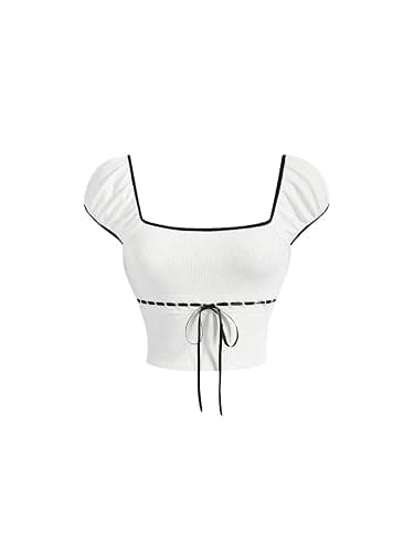 Milumia Women Contrast Binding Bow Tie Front T Shirt Square Neck Cap Sleeve Tops - Image 1