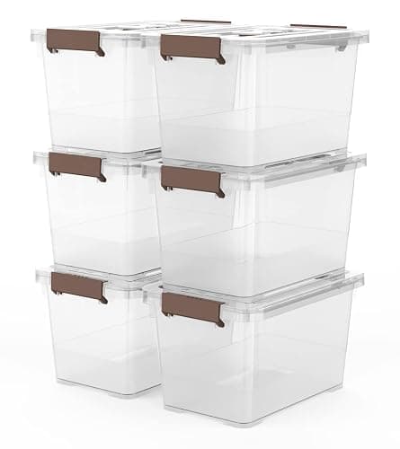 WYT 6-Pack Clear 7 Quart Storage Latch Box/Bins, Plastic Stackable Latching Box with Brown Handle and Lid, Multi-Purpose, 7 Litre - Image 1