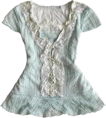 Wayolyn Vintage Sexy Women’s Slim Fit Crop Tank Top with Lace Trim Cutecore Kawaii Clothes Blue Shoujo Clothes - Image 1