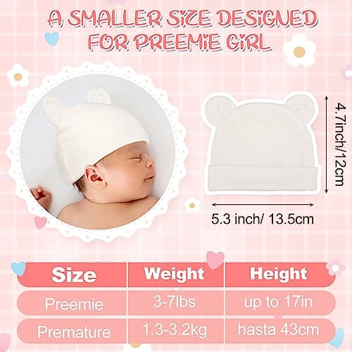 Toulite 6 Pcs Preemie Hats Cotton Preemie Beanies Baby Caps Cute Beanie Bear Ears Hospital Cap for Premature Baby Boys Girls(Light Colors,Solid Style) thumbnail 2