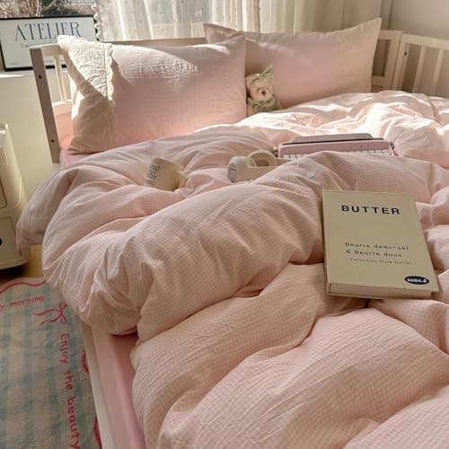 LifeTB Pink Gingham Comforter Set Full Size Soft Fluffy Romantic Lace Bedding Set Cottagecore Cute Plaid Checkered Comforter Set 3 Pieces Pink Grid Farmhouse Bedding Comforter with 2 Pillowcases thumbnail 5