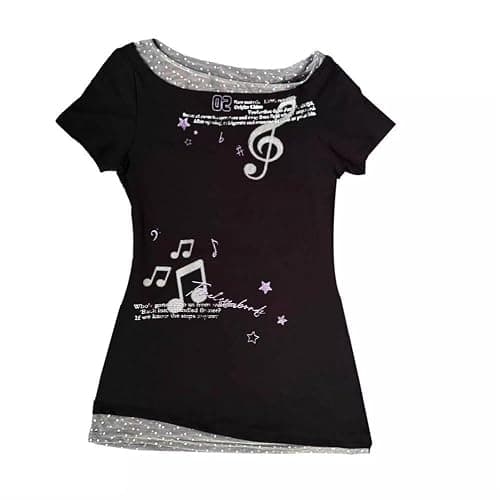 Harajuku Vintage Y2K Gyaru Music Graphic Tees Women Punk Gothic Shirts V Neck Slim Fit T-Shirts Summer Going Out Top - Image 1