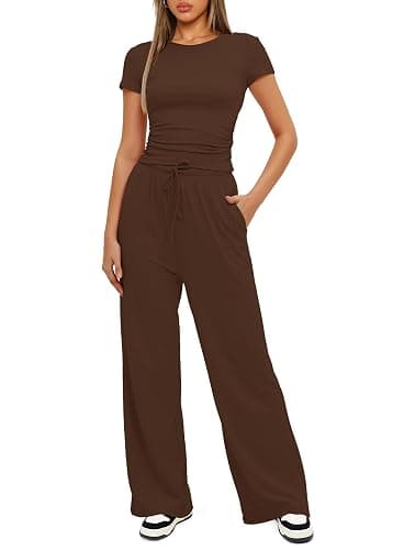 Darong Women's 2 Piece Lounge Sets Short Sleeve Tops High Waisted Wide Leg Pants Airport Travel Outfits Matching Sets thumbnail 3