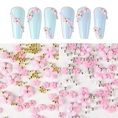 3D Flower Caviar Beads Nail Art Decals Charms for Nails, White Pink 3D Acrylic Flower Nail Charms with Pearl Golden Caviar Beads for Women DIY Manicures Salon Accessories thumbnail 9