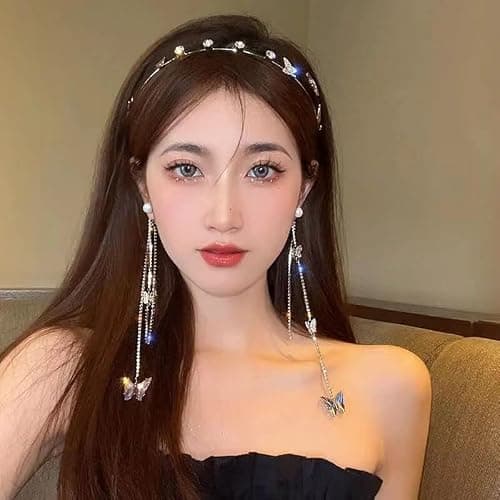 E EMZHOLE Wedding Butterfly Headband Head Chain Silver Tassel Hair Hoop Band Hair Vine Vintage Decorative Headwear Headpieces Hair Accessories for Women and Girls Headdress (01) thumbnail 3