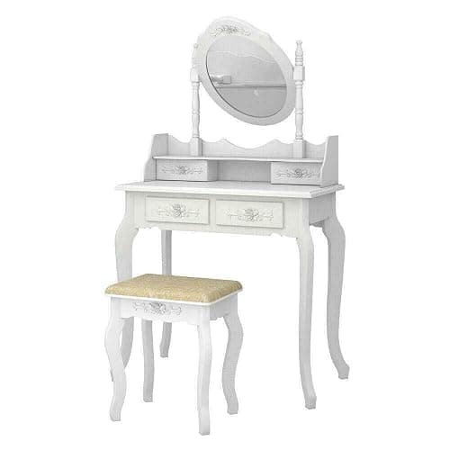 White Vanity Jewelry Makeup Dressing Table Set W/Stool 4 Drawer Mirror Wood Desk thumbnail 5