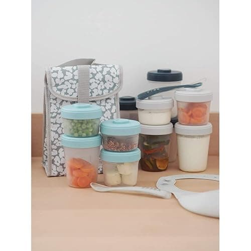 BÉABA, Lot de 12 Portions Conservation et 2 Cuillères Silicone, Clip, Pots empilables et emboîtables, 100% hermétique, Graduation, Congélation, Lait Maternel (2x90 ml & 4x150 ml & 6x250ml), Eucalyptus thumbnail 4