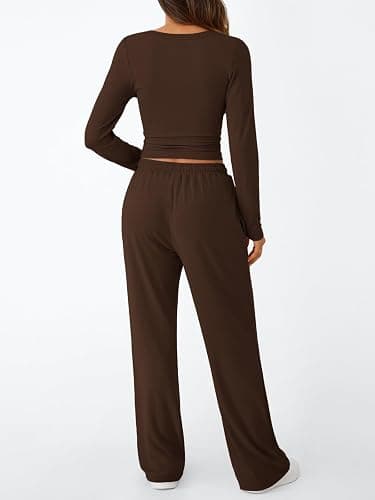Trendy Queen Women's 2 Piece Matching Lounge Set Long Sleeve Slightly Crop Top Wide Leg Pants Casual Sweatsuit thumbnail 4
