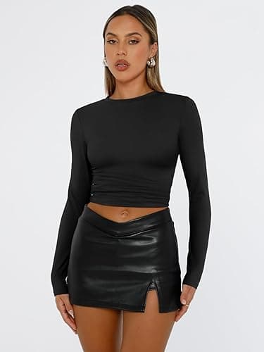 Trendy Queen Womens Long Sleeve Shirts Fall Fashion 2025 Basic Crop Tops Going Out Workout Outfits Y2k Clothes - Small - Black thumbnail 2
