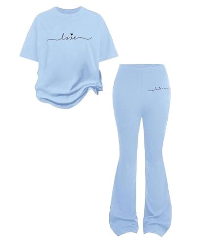 Alopncy Tween Girls 2PCS Outfit Set 8-13Y Crop Top & Flare Pants with Bowknot and Heart Print Casual Girl Clothes - Image 1