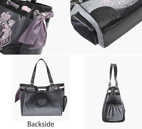 LAKEDREAM Y2K Women Vintage Retro Chic Embroidery Velvet Shoulder Bag Large Capacity E-girls Tote Bags Shopping Handbags - Gray thumbnail 5