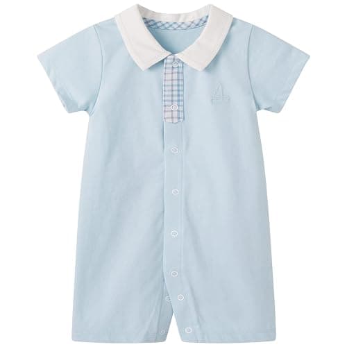 pureborn Baby Boy Romper One-Piece Cotton Outfit Summer Clothes 0-24M | Silky soft, breathable, sailor-themed, summer short sleeves, gentle on skin, snap button for easy on and off - Image 1