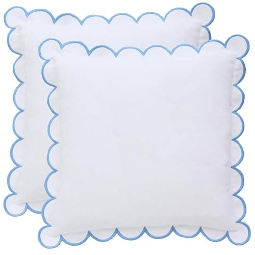 BEBE BASK Scalloped Pillow Cover - Set of 2-18 x 18 Inch - Scallop Pillow Cover â White and Blue Scalloped Pillows - Scallop Pillows - 100% Cotton - Grandmillennial Style (White/Blue) - White/Blue - Image 1