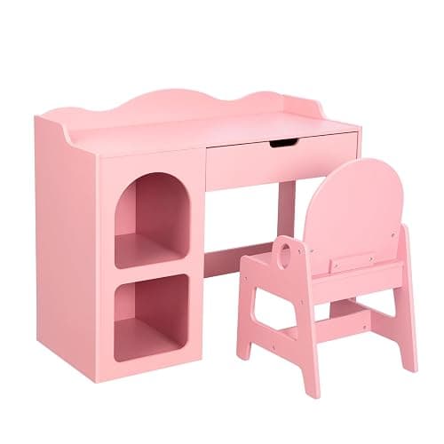 OOOK Kids Study Table and Chair Set, Wooden Kids Desk and Chair Set, Toddler Art Desk with Storage, Children Writing Table for 5-12 Years Old, Home School Use, Pink thumbnail 9