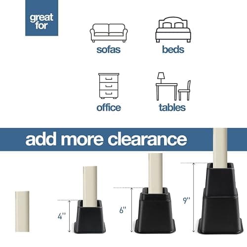Home It Adjustable Bed Risers - Elevation in 3, 5 or 8 Inch - Heavy Duty Stackable Furniture Risers Supports 1,300 lbs - for Under-Bed Storage, College Dorms, Table and Couch, 4 Pack Bed Lifts Black thumbnail 5