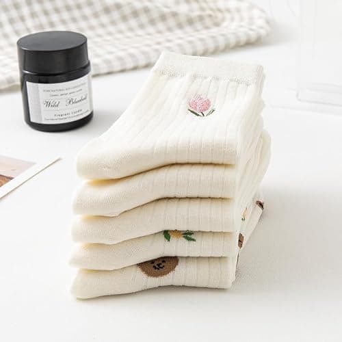 Tooe Women's 5 Pairs Bear Preppy Cute Crew Socks Kawaii Fairycore Flower Knitting Ankle Socks Cutecore Soft Cotton Socks thumbnail 4