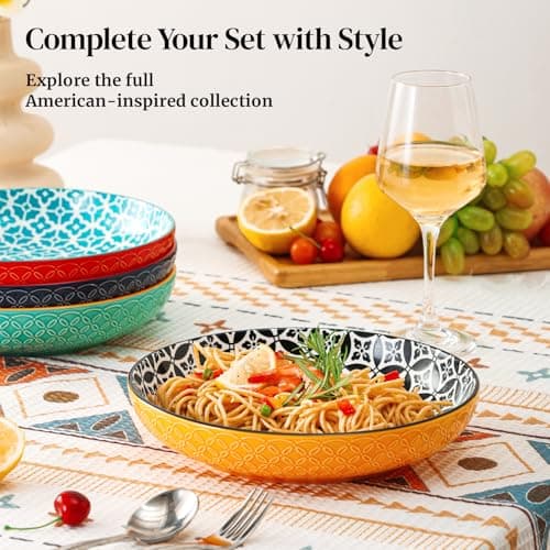 DOWAN 10" Vibrant Pasta, Salad & Soup Serving Bowls Set of 4, Embossed Large Porcelain Ceramic, Microwave & Dishwasher Safe, Bonita Design Dinnerware Dishes for Daily Dining, Family Gatherings, Party thumbnail 5