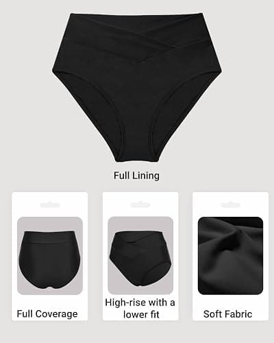 Women V Cut Full Coverage Bikini Bottom - High Waist Swim Bathing Suit Bottoms Cross V Front Swimsuit - Black - Medium thumbnail 6