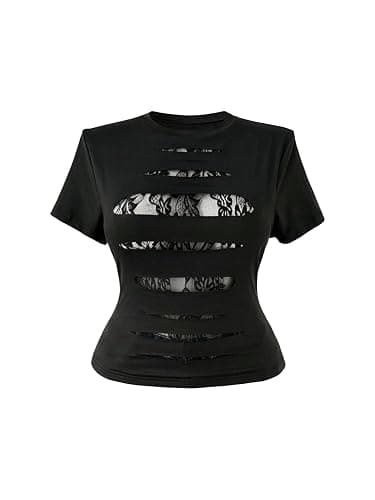 WDIRARA Women's Plus Size Goth Cutout Lace Patchwork T Shirt | Y2k, Ripped, Short Sleeve thumbnail 5