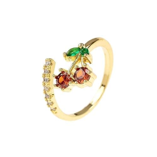 CZ Red Cherry Fruit Stacking Statement Ring for Women Gold Plated Adjustable Expandable Crystal Leaf Open Wrap Finger Rings Comfort Fit Dainty Birthday Halloween Christmas Jewelry Gift - Image 1