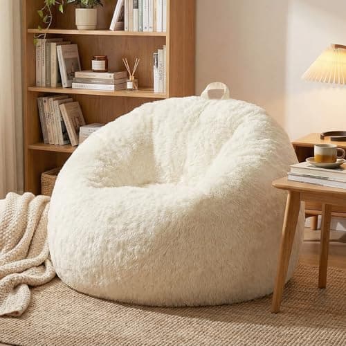 GreenWhim Fluffy Stuffed Animal Storage Bean Bag Chair Cover No Filler Faux Fur Washable Ultra Soft Beanbag for Plush Toys Textile Plush Shaggy Large Bean Bag for Adults Kids Teens (Beige, No Filler) - Image 1