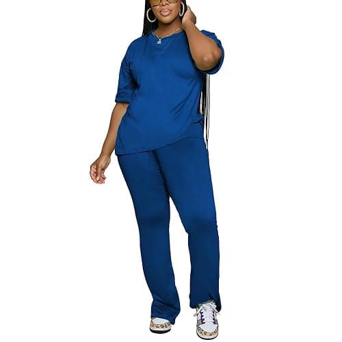 PINSV Women 2 Piece Outfits Short Sleeve Top and Flare Pants Lounge Sets Tracksuit - XX-Large - Blue thumbnail 4