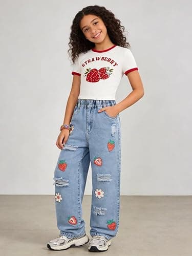Azmxynol Tween Girl Clothes Short Sleeve Top + Butterfly Design Jeans 2 Pieces Spring Summer Outfit Set, Size 6-14 Years thumbnail 5