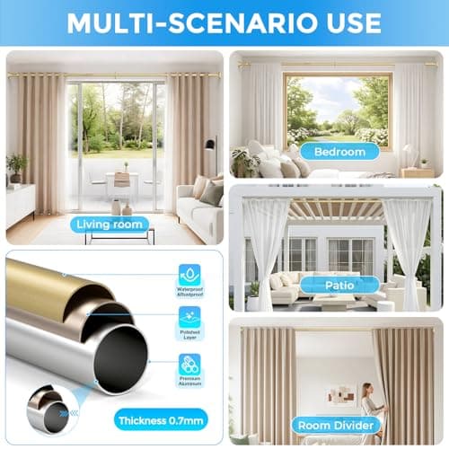 SISELBA Tension Curtain Rod 42-144 Inches, No Drill Adjustable Spring Tension Rod, Push Button to Lengthen & Release to Lock, Heavy Duty Rust-Resistant for Window Living Room Closet Outdoor, Gold thumbnail 6