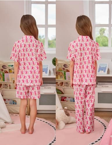 SWOMOG Kids Pajamas Sets 3PCS Short Sleeve Long Pants with Shorts Girls Boys Button Down PJS Cute Loungewear for 4T-15Years, thumbnail 3