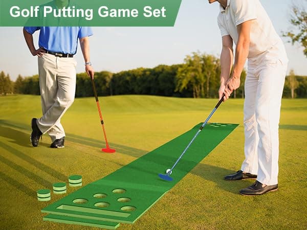 Golf Pong Putting Game Indoor Putting Green 9.8 Ft Golf Pong Mat Set with 2 Putters, 8 Golf Balls, Great Golf Gifts for Backyard Party Office Practice Training, Portable thumbnail 6