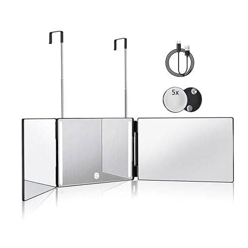 HIEEY 3 Way Mirror for Hair Cutting with LED,360 Trifold with Height Adjustable Telescoping Hooks,and 5X Magnification,for Makeup and Styling (Black) - Image 1