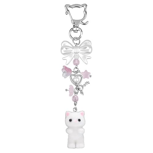 Cat Keychain, Cute Fuzzy Kitty Key Chain White Plush Kitten Charm Keychain with Bow Heart Pendant Stuffed Animal Key Ring for Key Backpack Purse Phone Decor - Image 1