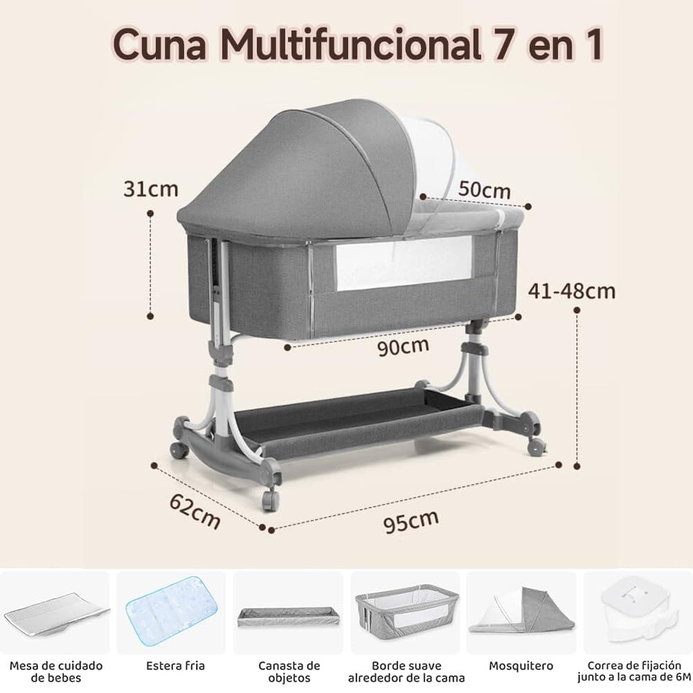 Muja 3 en 1 Cuna, Colecho Cuna con Mosquiteras y Cesta de Almacenamiento, Cambiador, Cinturón de Seguridad, 8 Altura Ajustable, Portátil y Plegable thumbnail 3